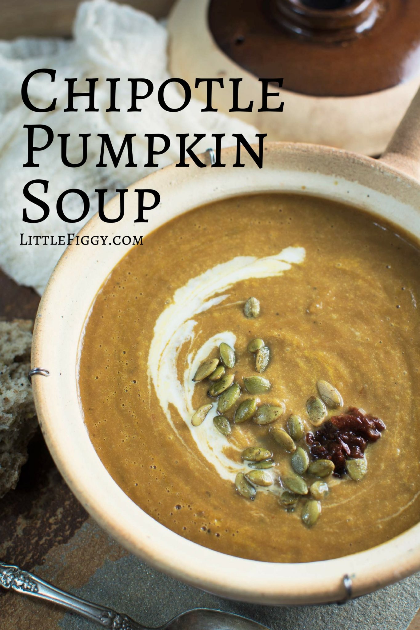 Warm up with this Chipotle Pumpkin Soup and enjoy! Recipe @LittleFiggyFood