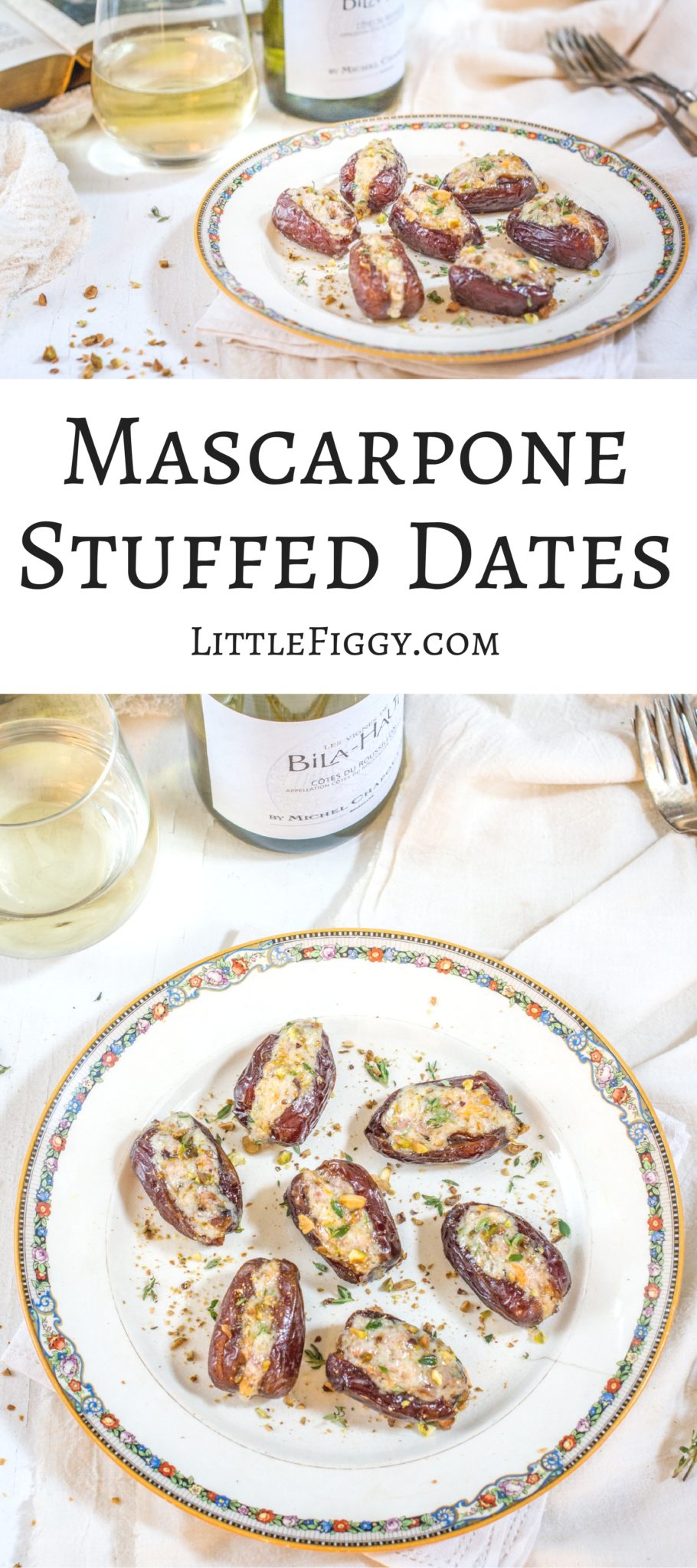 Mascarpone Stuffed Dates, easy to make with a hint of pistachios and orange happening all at one time. Enjoy with wines from #Grenache and #Garnacha. Get the recipe at Little Figgy Food! #ad
