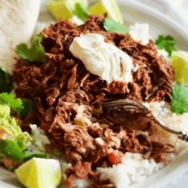 Shredded beef with rice, guacamole, and lime