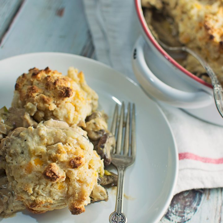 Enjoy this rich and warming Chicken Mushroom & Leek Cobbler for dinner! Recipe @LittleFiggyFood