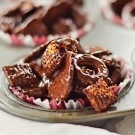 Chocolate cereal clusters in a muffin tray.