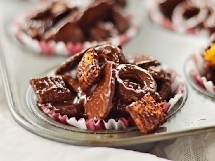 Chocolate cereal clusters in a muffin tray.