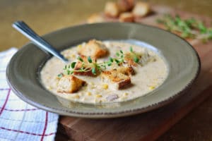 Corn Chowder with Smokey Bacon and Thyme Scented Croutons