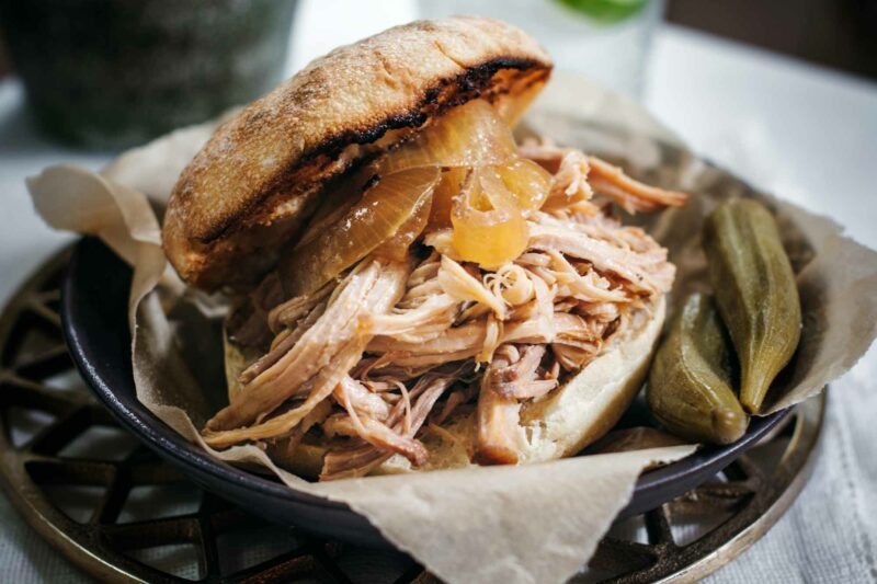 Caramelized onions with pulled pork and pickled okra