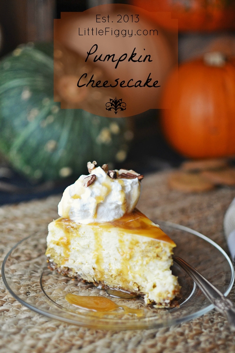A slice of Pumpkin Cheesecake topped with whipped cream and nuts sits on a clear plate, with whole pumpkins in the background and a label reading “Pumpkin Cheesecake” above.