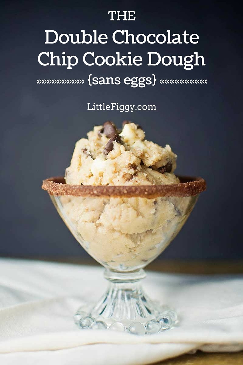 A glass dessert dish filled with Double Chocolate Chip Cookie Dough, topped with chocolate chips, and text above it that reads: The Double Chocolate Chip Cookie Dough {sans eggs} LittleFiggy.com.
