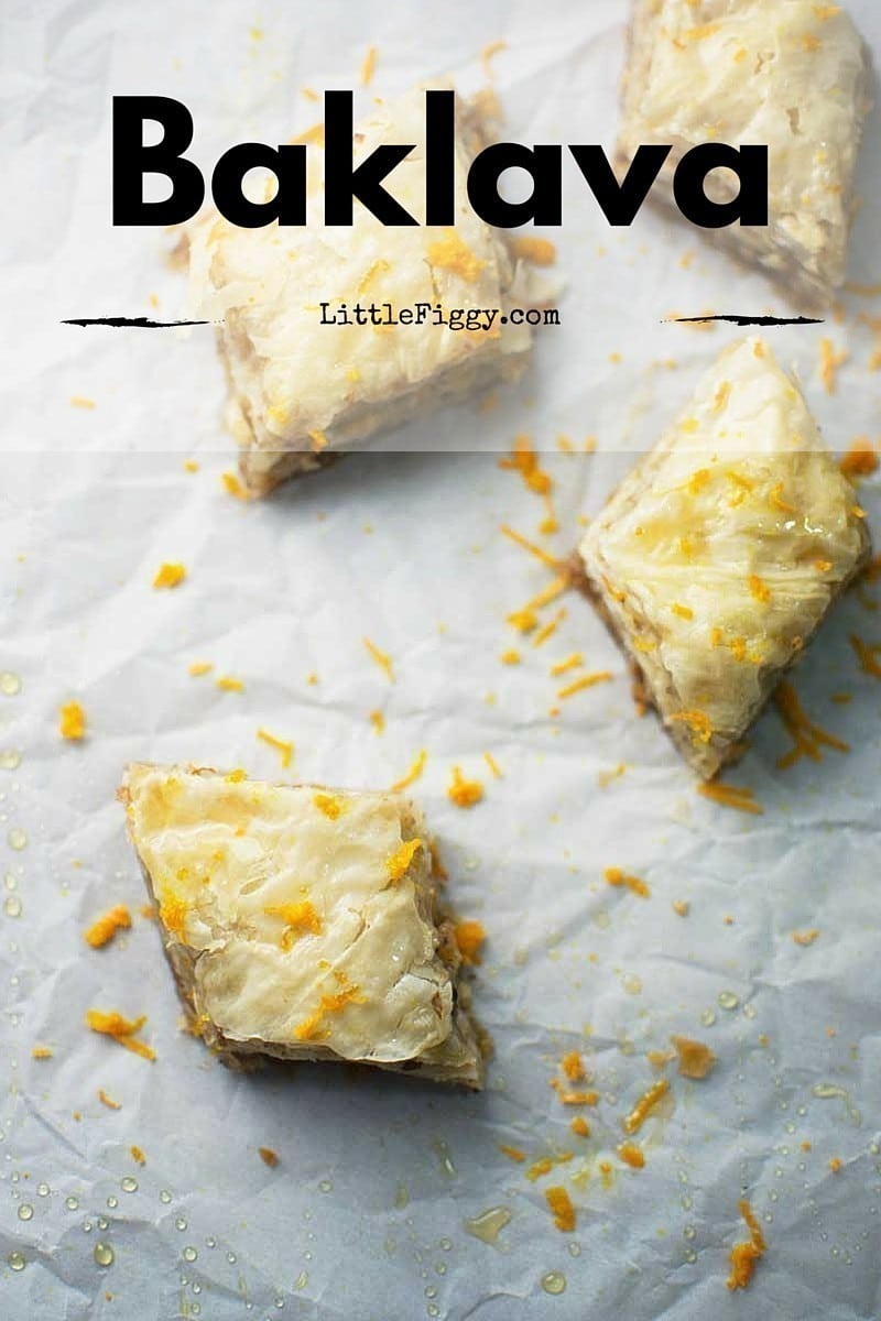 Top-down view of four pieces of baklava on parchment paper, garnished with orange zest and syrup. Bold text at the top reads Baklava, highlighting this classic dessert, with LittleFiggy.com below it.