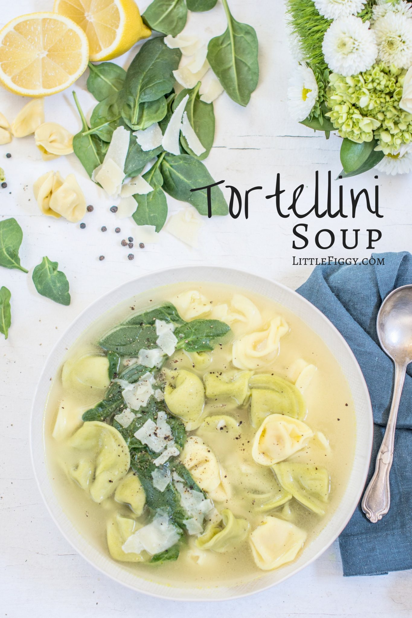 Tortellini Soup with spinach and a hint of lemon. Get the recipe at Little Figgy Food.