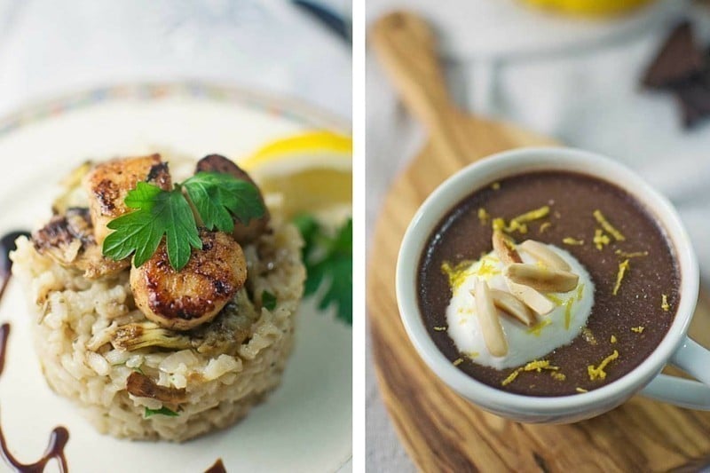 Left: Seared scallops on a bed of risotto, garnished with parsley and a lemon wedge. Right: A cup of chocolate dessert topped with whipped cream, lemon zest, and almond slivers—Join Our Italian Holiday Table.