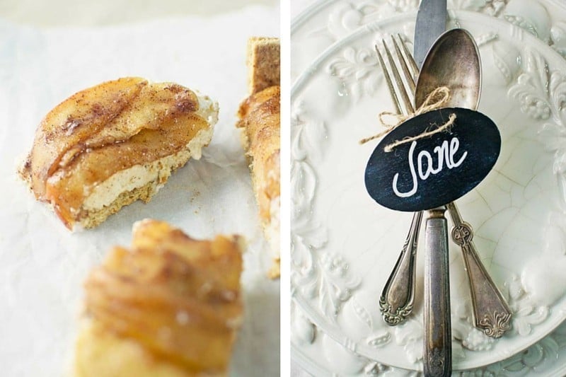 Left: Slices of Toffee Apple Cheesecake Bars with a creamy layer on parchment paper. Right: Vintage cutlery tied with twine and a chalkboard name tag reading Jane placed on a white ornate plate.