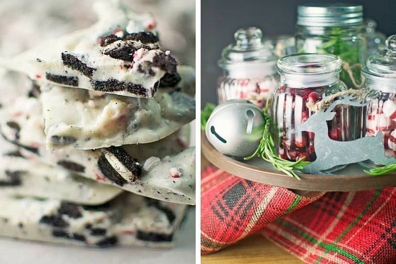 Left: Stacked pieces of Oreo Candy Cane Bark with crushed cookies and peppermint. Right: Small jars of peppermint candies and cranberries on a tray with Christmas decorations, including a silver reindeer and bell, atop a red plaid cloth.