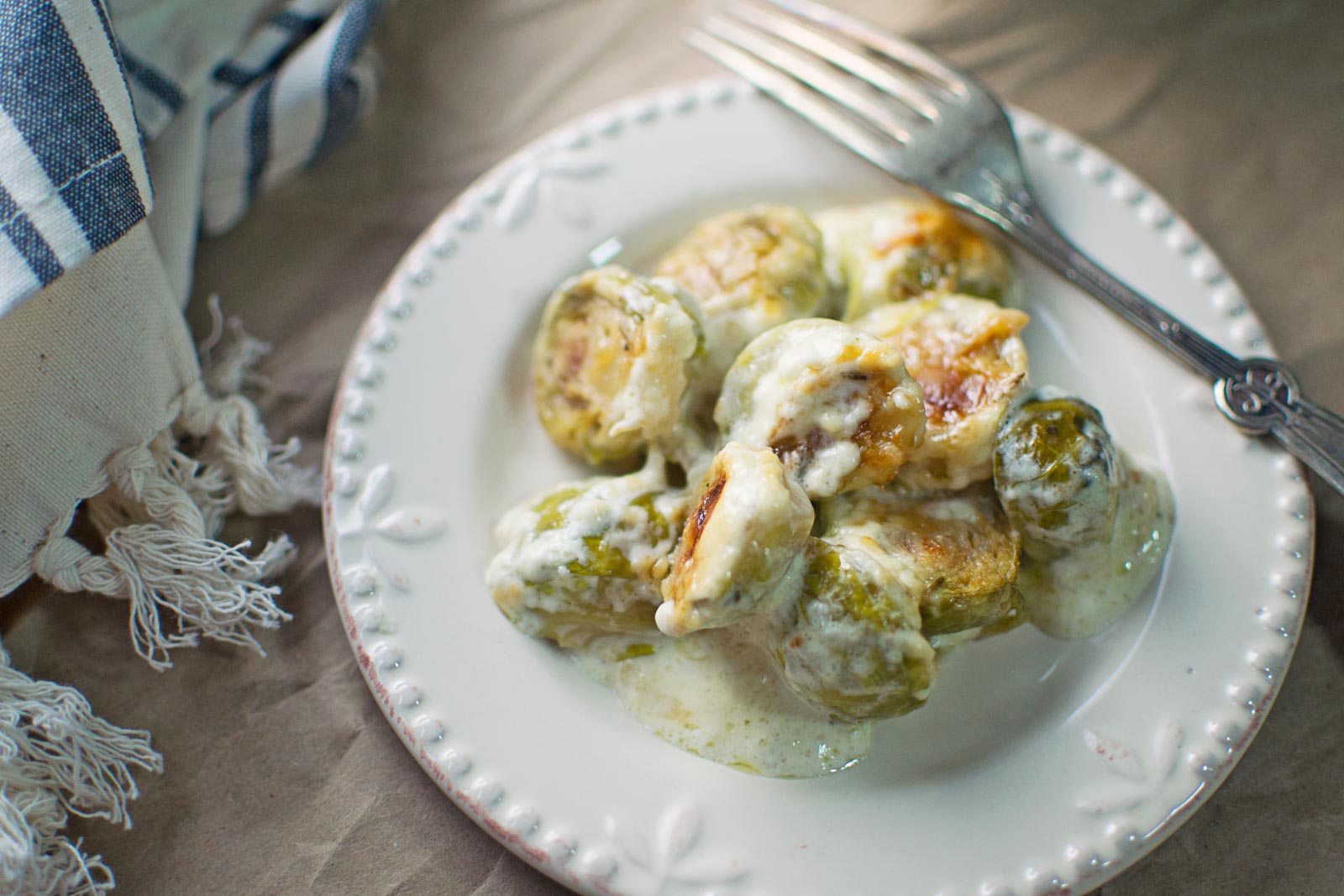 Creamy Brussel Sprouts Au Gratin - the perfect side dish for a simple weeknight dinner or during the Holidays for Thanksgiving, Christmas or New Year's! - Recipe @LittleFiggyFood