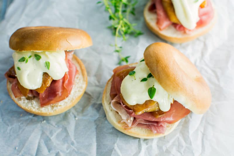 Prosciutto & peaches with a creamy brie sauce make these delectable Bagel Sliders - Find the #recipe @LittleFiggyFood