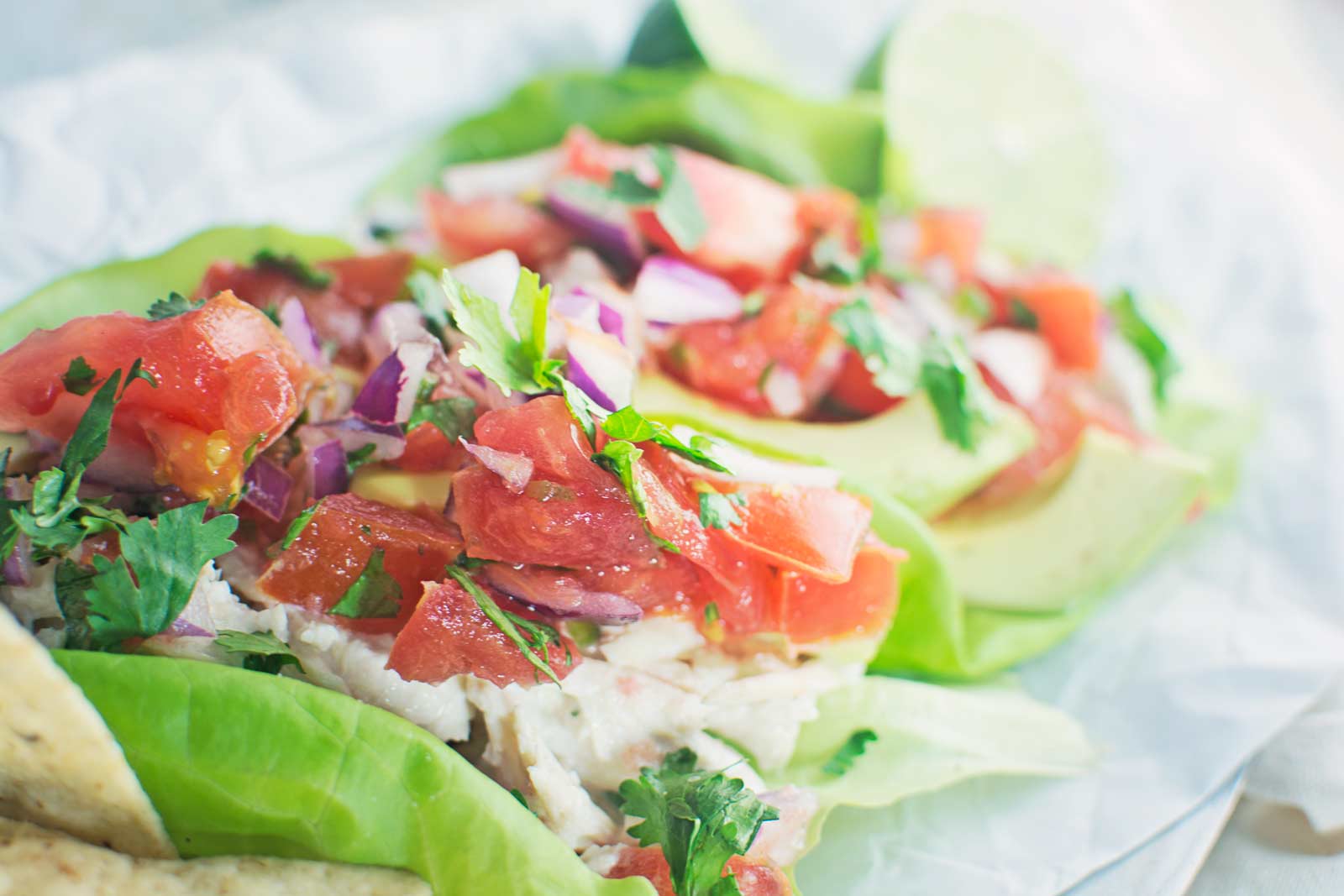 Mexican Chicken Salad with homemade Pico de Gallo served over lettuce.