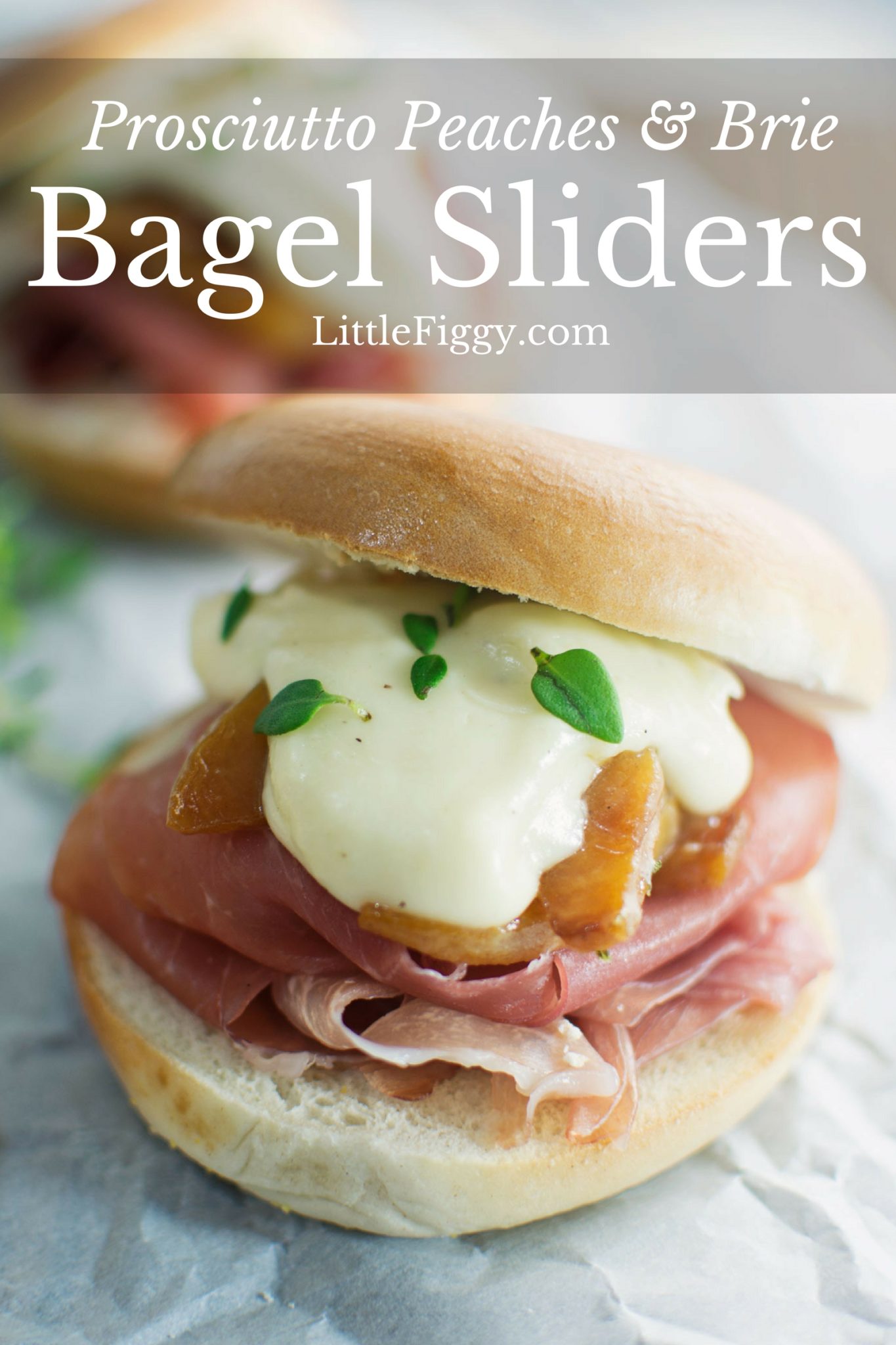 Prosciutto & peaches with a creamy brie sauce make these delectable Bagel Sliders - Find the #recipe @LittleFiggyFood