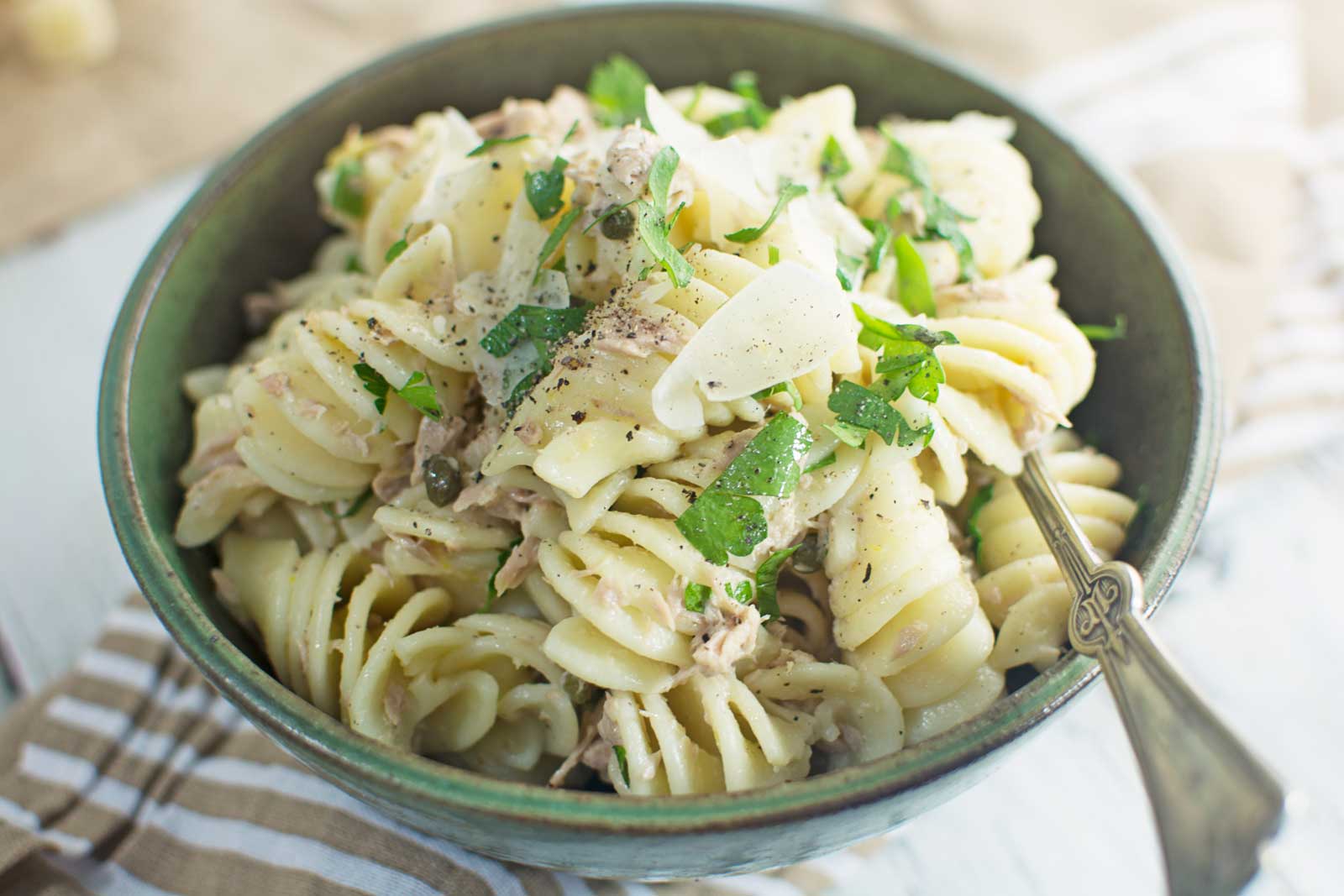 Quick to make and served cold, Tuna with a Lemon Pepper Cream Sauce served over your favorite pasta! Find the #recipe @LittleFiggyFood