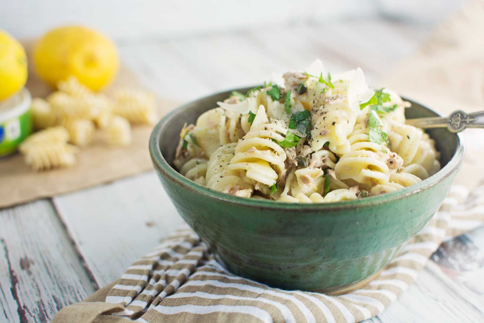 Quick to make and served cold, Tuna with a Lemon Pepper Cream Sauce served over your favorite pasta! Find the #recipe @LittleFiggyFood