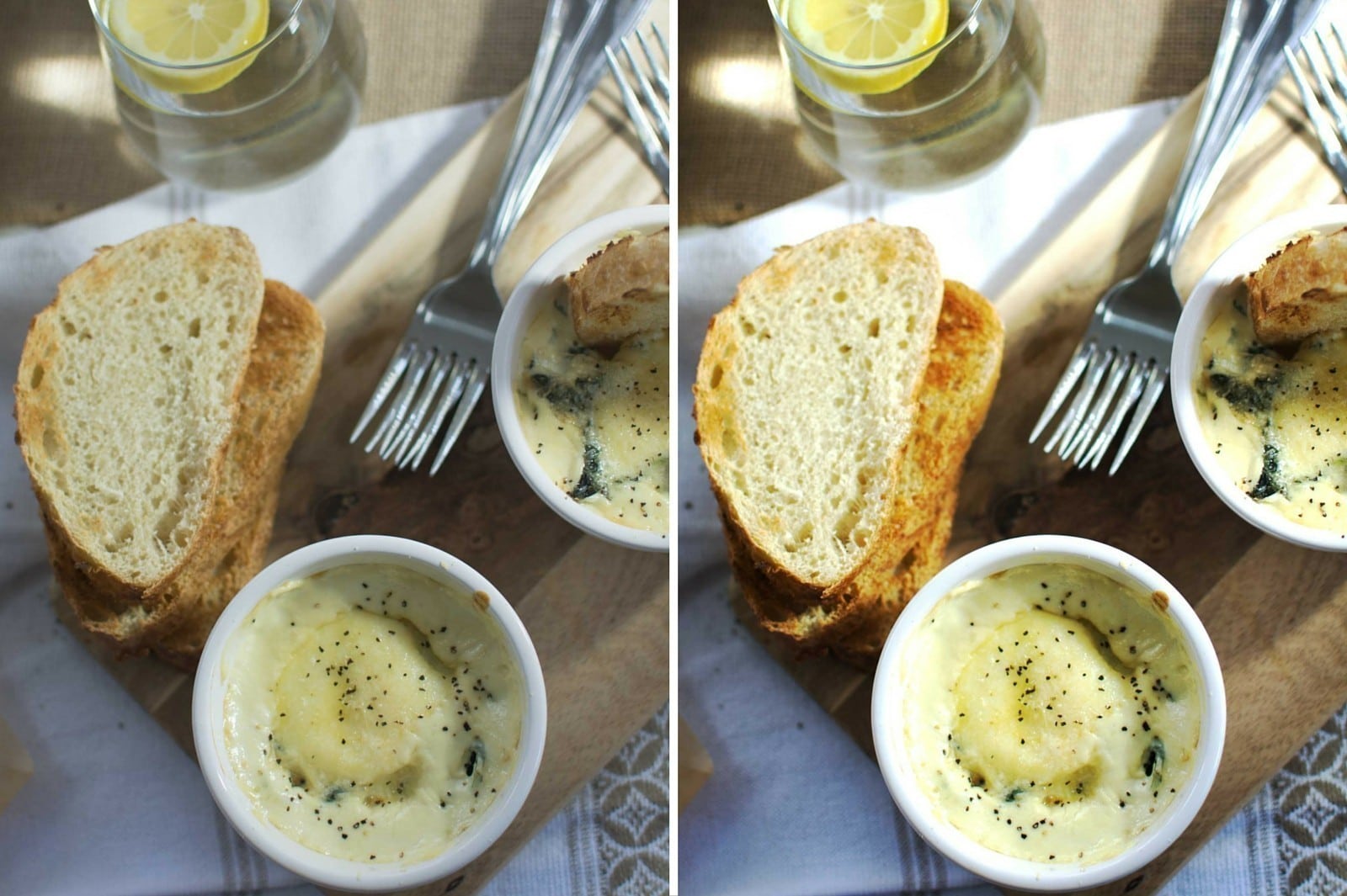 Two nearly identical camera images side by side show a meal with two slices of bread, a bowl of creamy soup with herbs and pepper, two forks, and a glass of water with lemon on a wooden surface.
