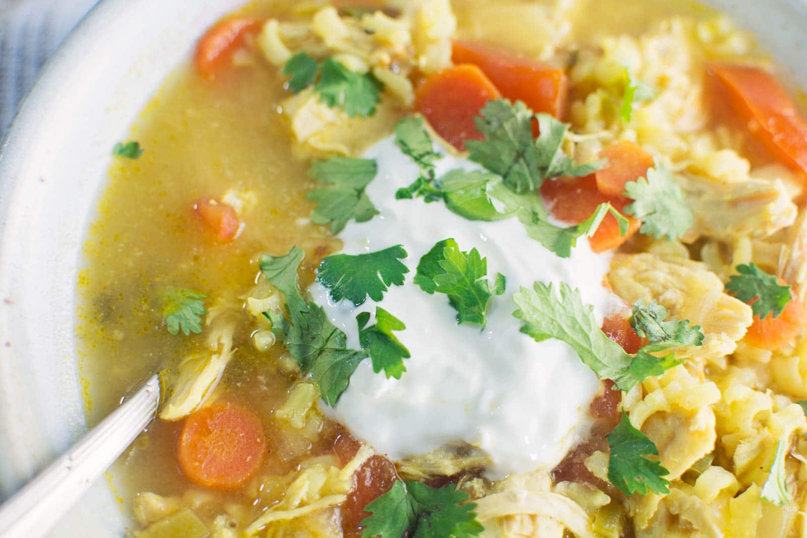 A close-up of a bowl of hearty Chicken Soup with vegetables and carrots, topped with a dollop of sour cream and fresh cilantro leaves. A spoon rests in the bowl.