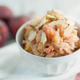 This is a great dessert recipe that is easy and quick to make, Peaches and Cream Fried Rice! Recipe @LittleFiggyFood