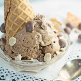 Upside down waffle ice cream cone filled with Chocolate Malt Ice Cream.