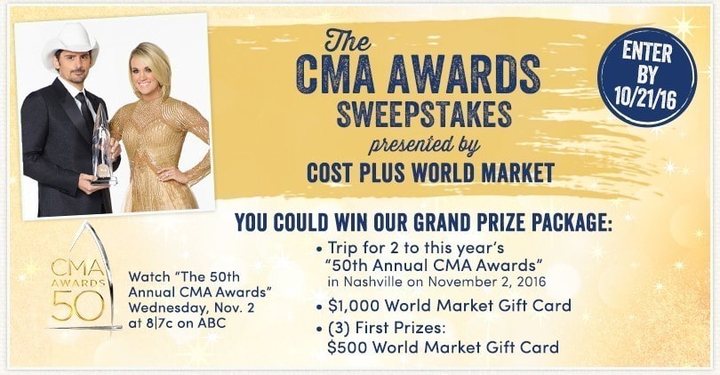 A CMA Awards Sweepstakes ad shows Brad Paisley and Carrie Underwood, offering a trip to the 50th Annual CMA Awards, gift cards, and a gold CMA 50 logo. Deadline to enter is 10/21/16, with event details at the bottom.