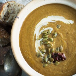 Warm up with this Chipotle Pumpkin Soup and enjoy! Recipe @LittleFiggyFood