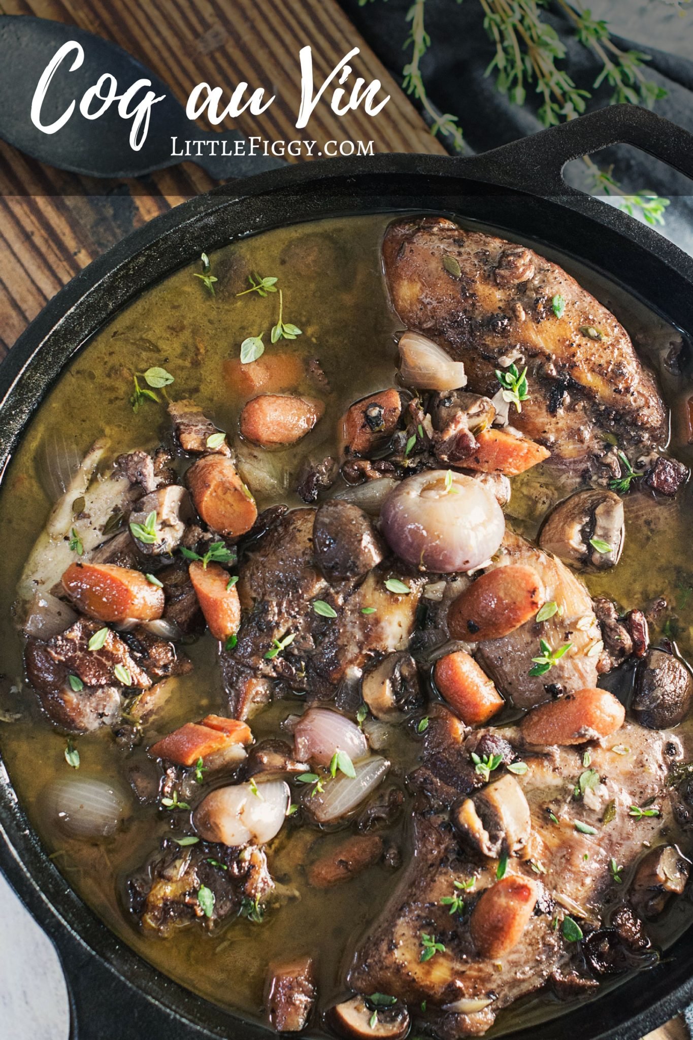 Enjoy this warming Coq au Vin, a French Chicken stew with an incredible red wine soup base! Recipe @LittleFiggyFood