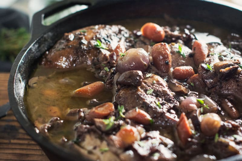 Enjoy this warming Coq au Vin, a French Chicken stew with an incredible red wine soup base! Recipe @LittleFiggyFood