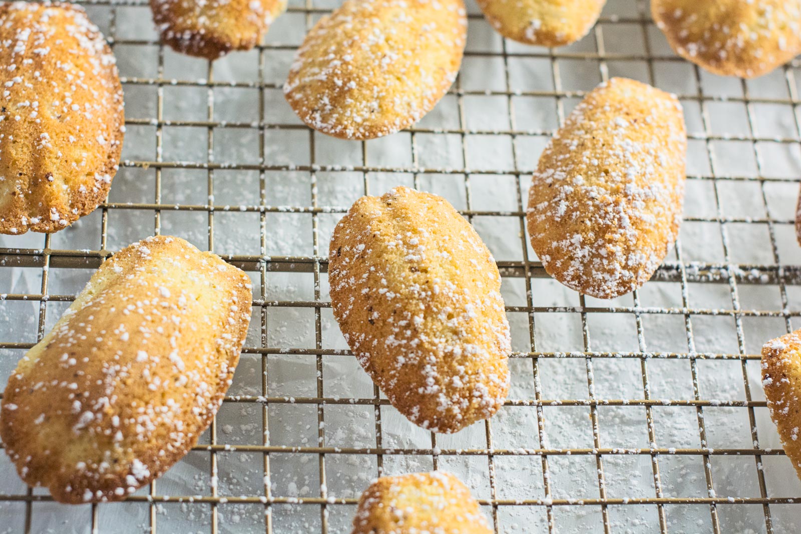 Golden brown madeleines, dusted with powdered sugar, are cooling on a metal wire rack.