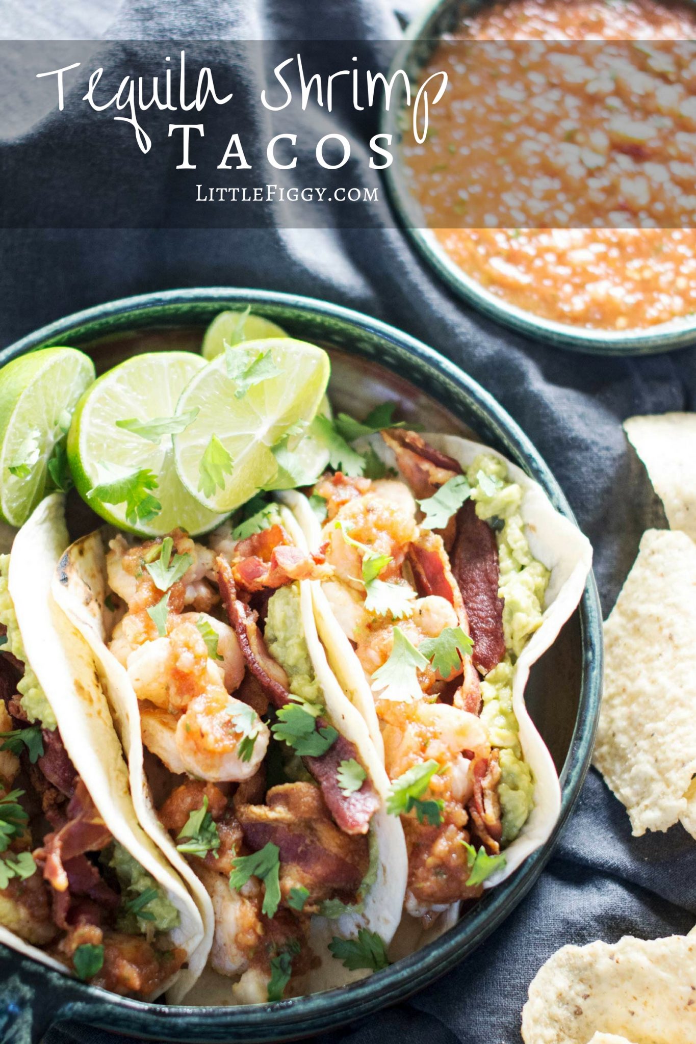 These Tequila Shrimp Tacos are screamin' summertime! Love the Tequila marinade, then topping them off with smoked Bacon, yup! Get the recipe at Little Figgy Food.