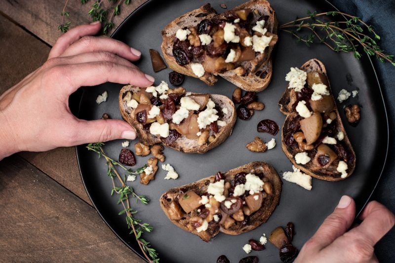 Enjoying Pears Walnut and Blue Cheese Bruschetta