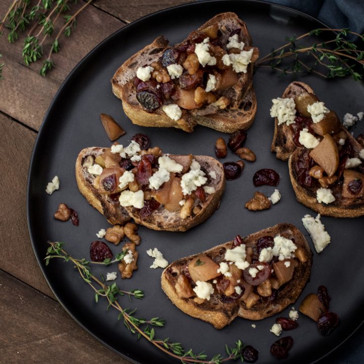 Enjoying Pear Walnut and Blue Cheese Bruschetta