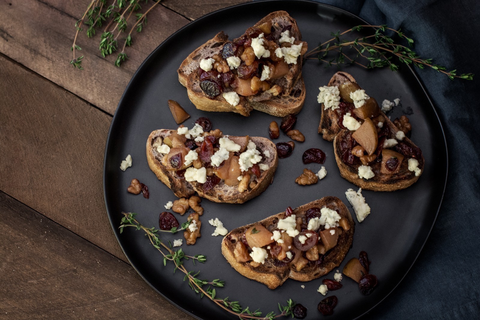 Enjoying Pear Walnut and Blue Cheese Bruschetta