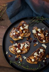 Enjoying Pear Walnut and Blue Cheese Bruschetta