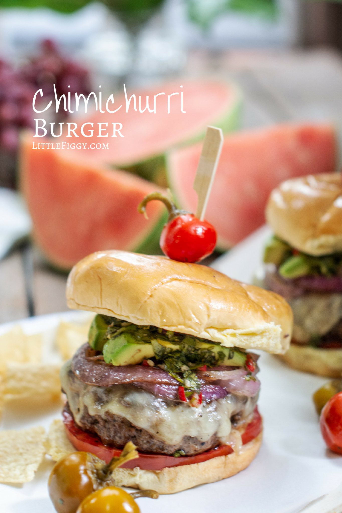 Chimichurri Burger Recipe with avocado, onions, tomatoes on a brioche bun