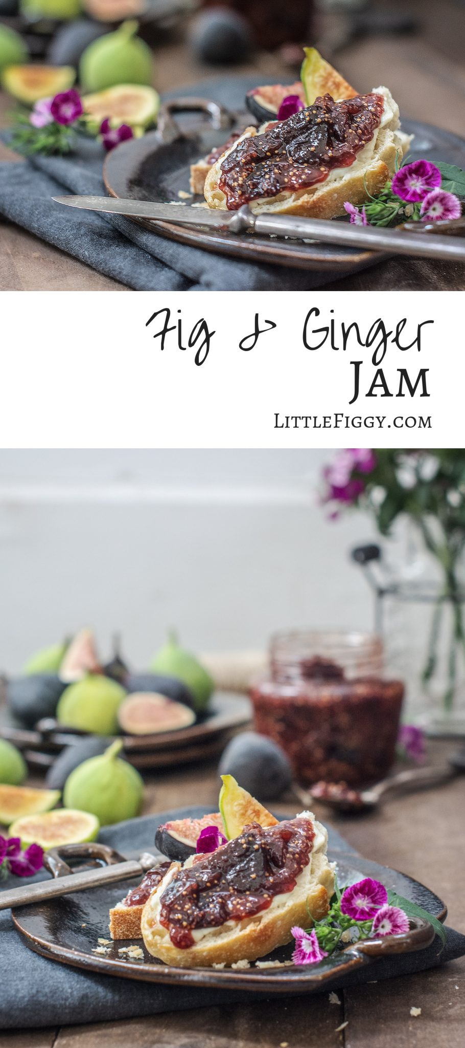 Enjoy making your own homemade Fig Jam recipe with a hint of ginger and cinnamon. Amazing on toast, stirred into yogurt, and so much more. Get the recipe at Little Figgy Food #figs #recipeoftheday #jams #preserves #howtomake #freshfigs