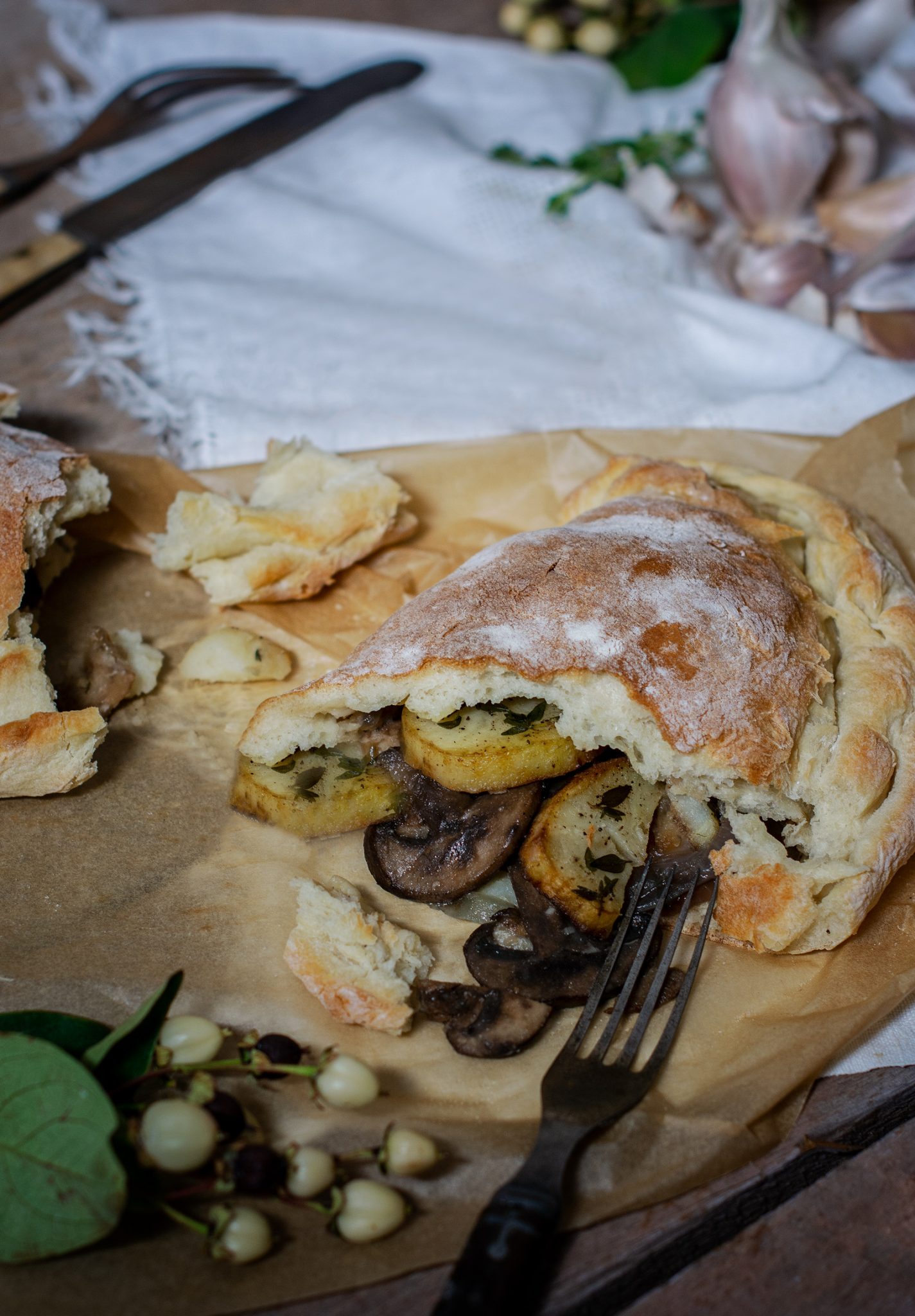 Mushrooms, Onions, Garlic, Potato Calzone Recipe ready to enjoy.