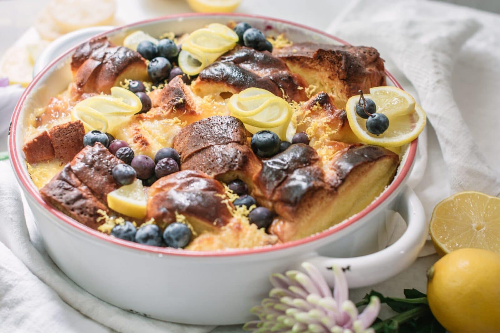 Brioche Bread Pudding with Lemon Curd and Blueberries