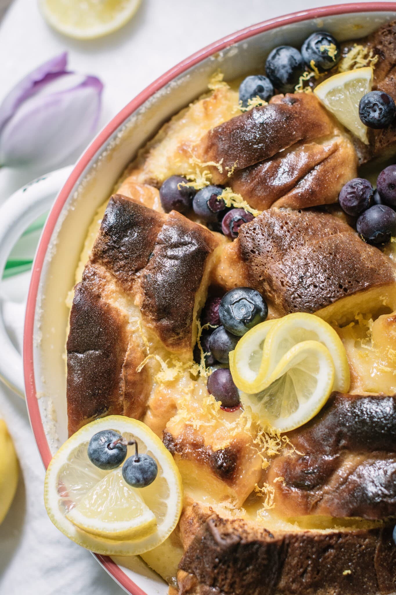 Lemon curd and blueberries Brioche Bread Pudding