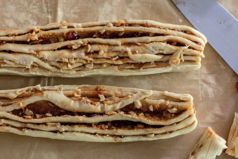 Sliced filled dough ready to twist