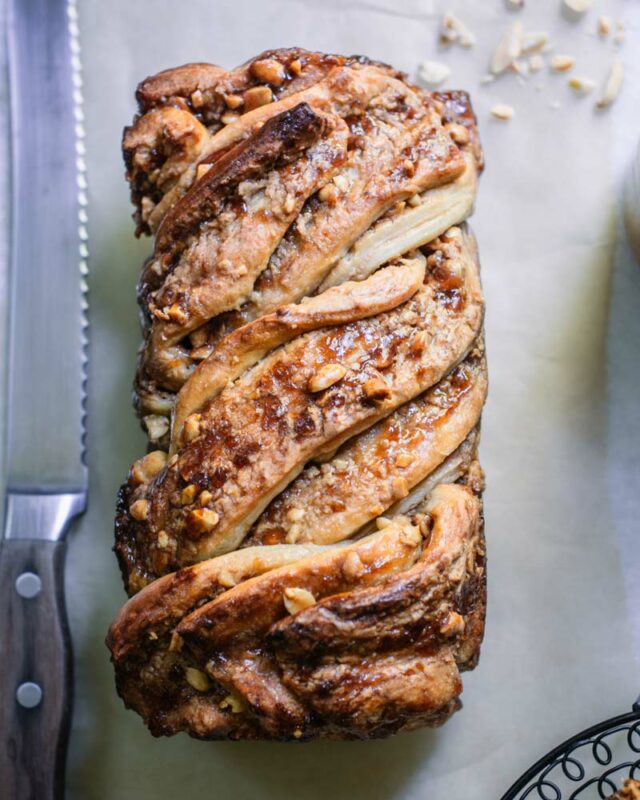 Swirled loaf of Peanut Butter and Jelly Babka bread