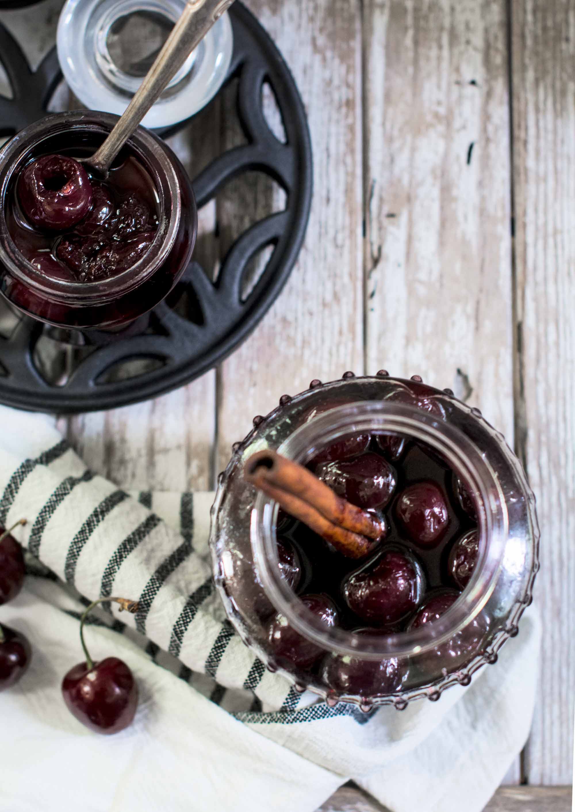 Jars of preserved maraschino cherries 