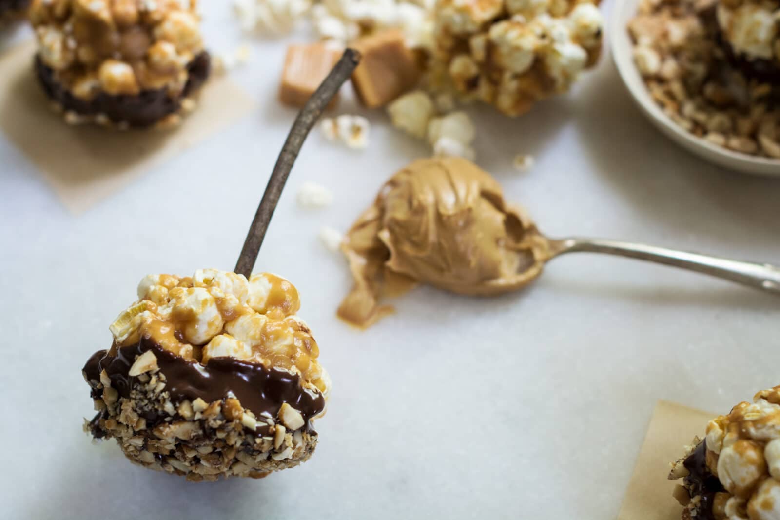 Chewy caramel chocolate peanut butter popcorn candies