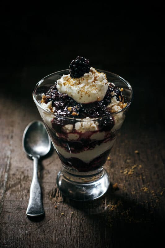 Trifle dessert with blackberries and ginger
