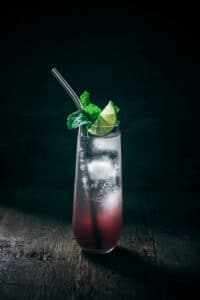 A winter sangria mojito cocktail garnished with mint