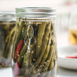 Jar of pickled green beans and peppers.