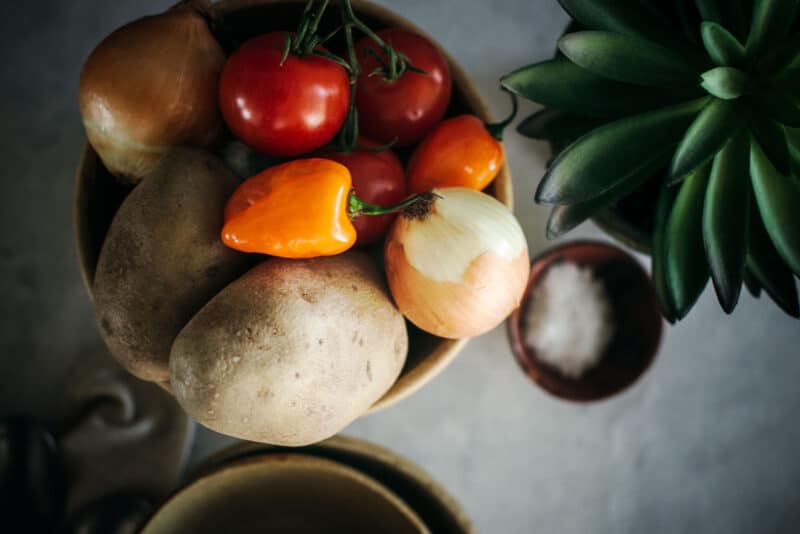 Ingredients to make a smoked turkey and potato stew