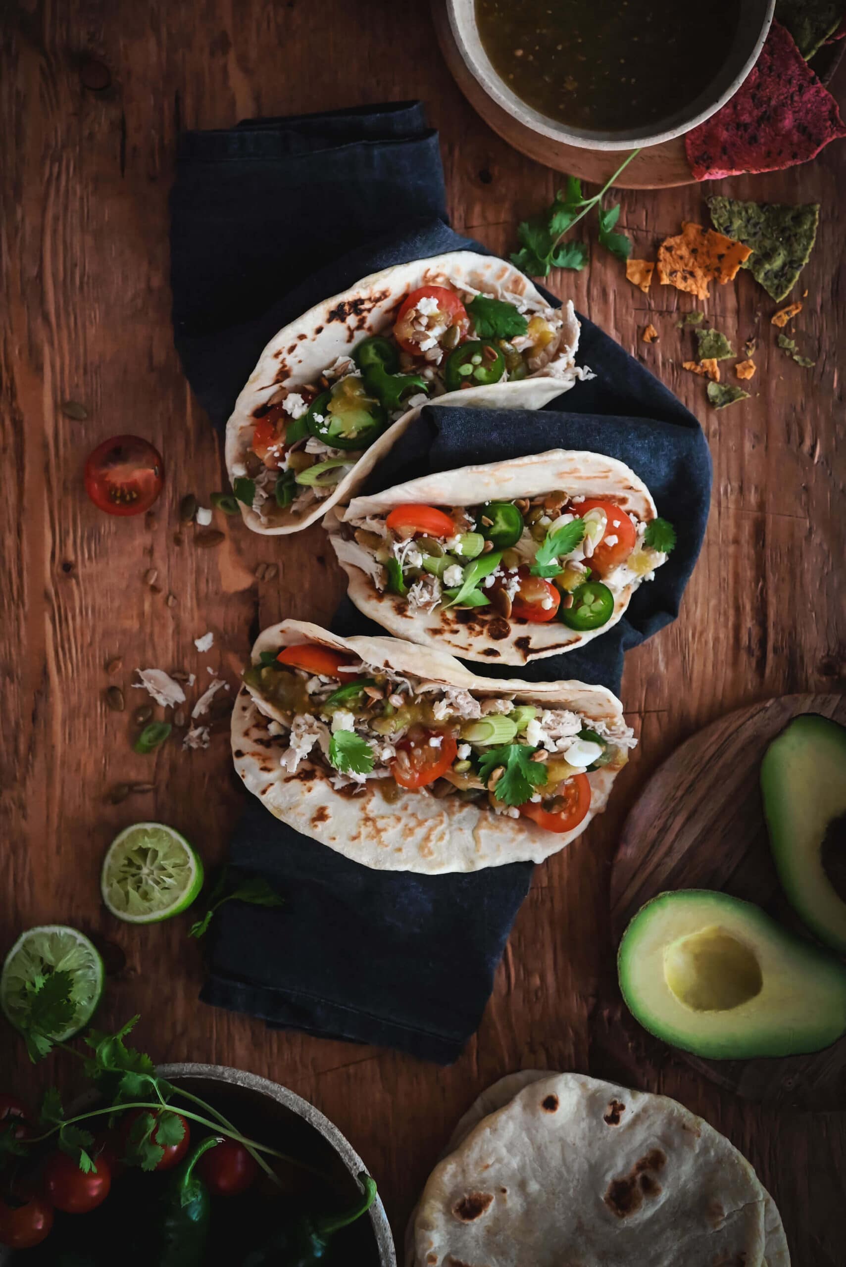 Roasted Chicken Tacos with homemade flour torillas