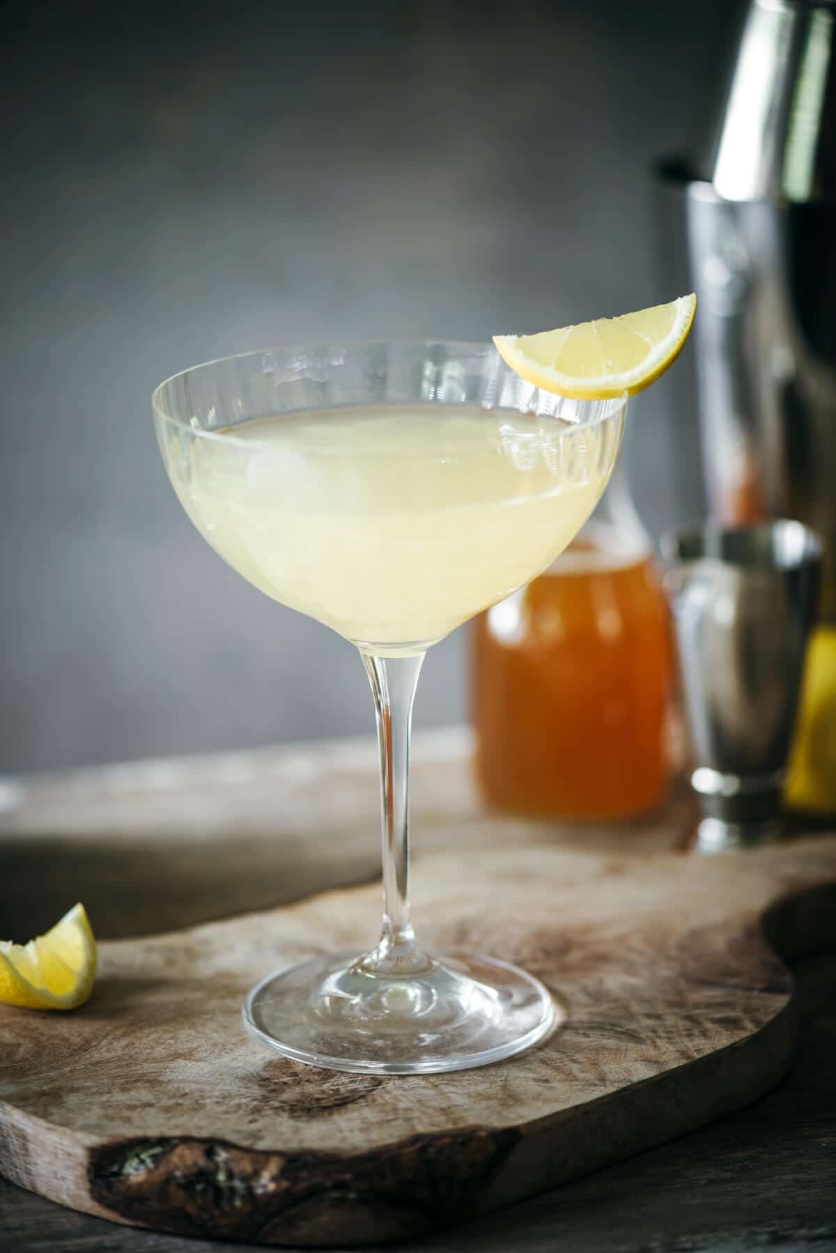 Speakeasy gin cocktail with honey syrup and lemon